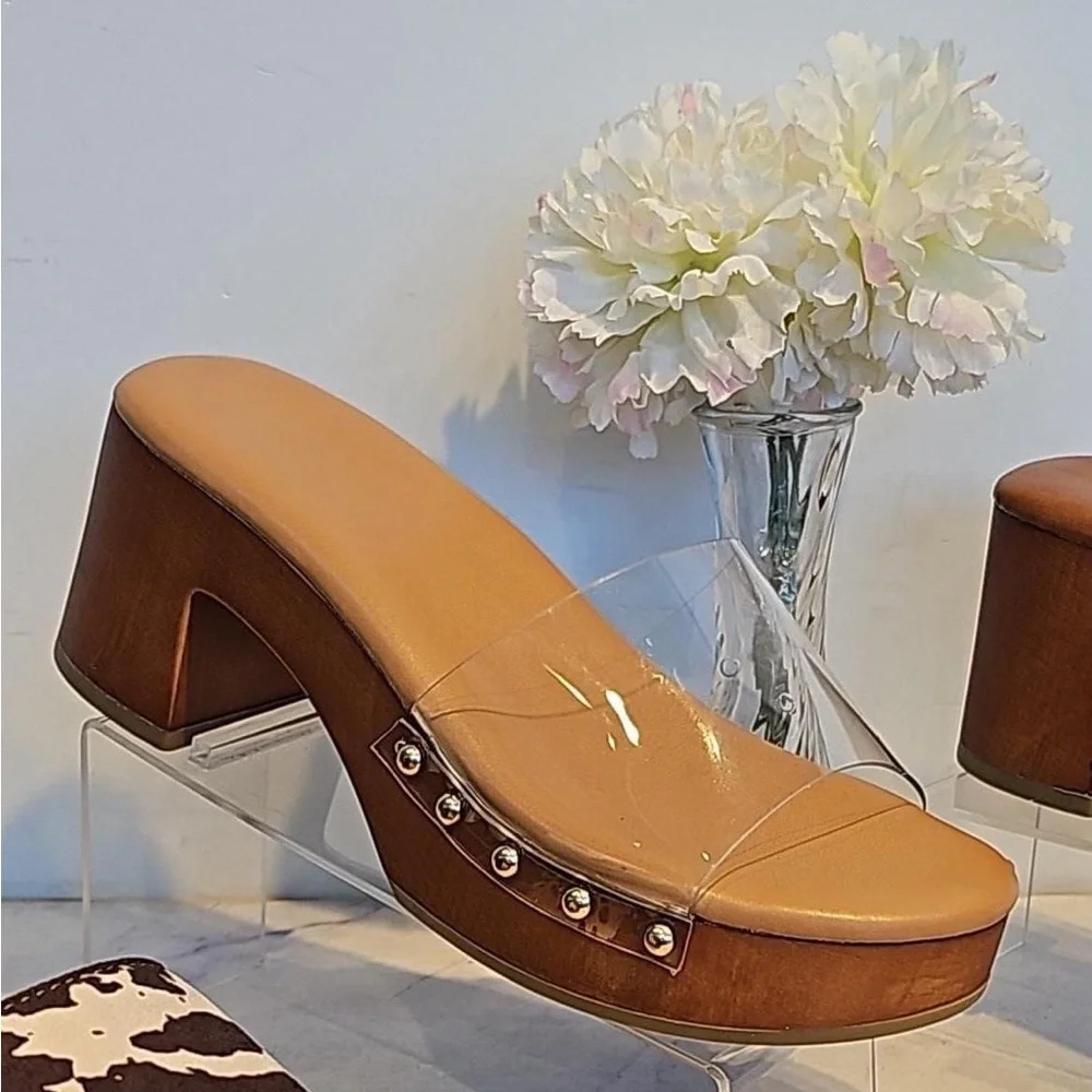 Clear Strap Studded Mule Platform Block Heel Sandals - Picture 2 of 3